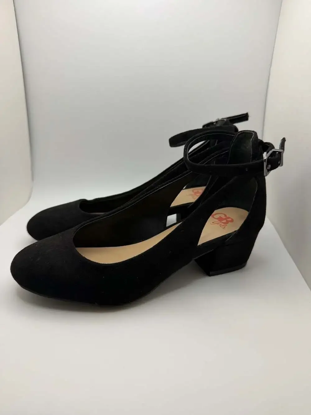GB Girls Lulaa Black Suede Cut-Out Ankle Strap Block Heel Dress Shoes